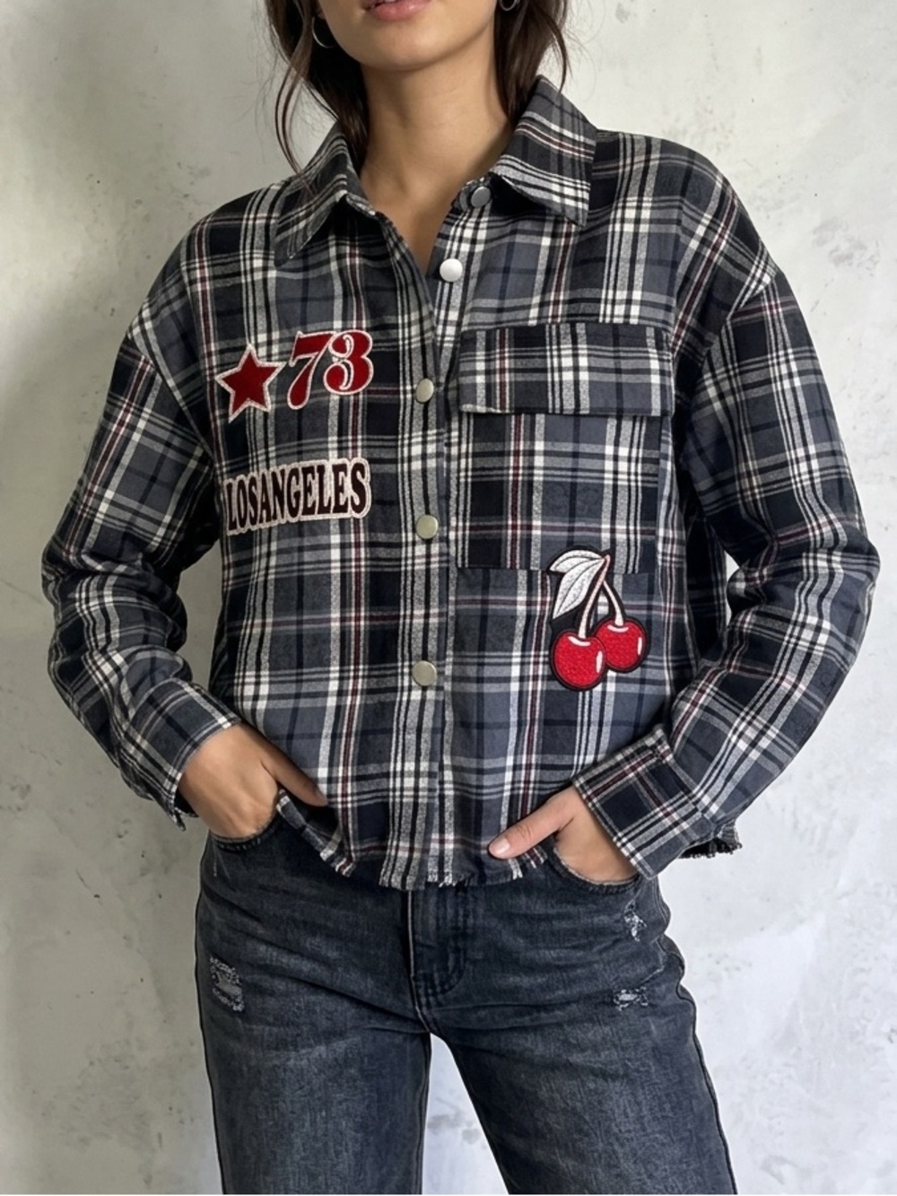 Blue Plaid Button-Up Shacket with Los Angeles and Cherry Patches NWT